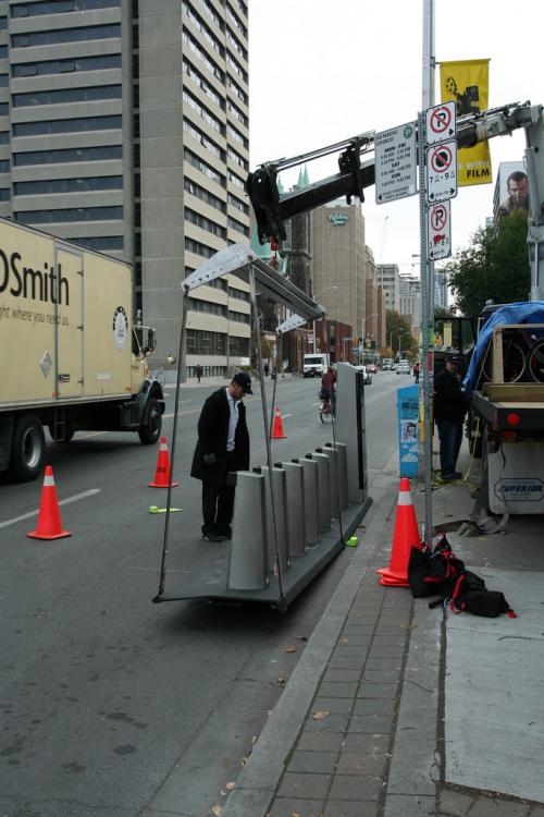 Unloading the Bixi bikes.